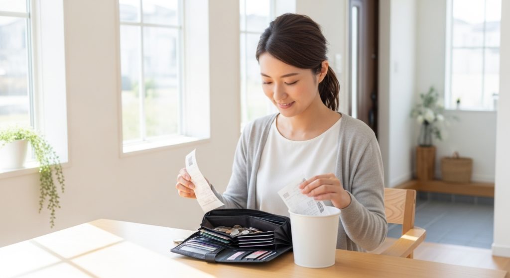 日本人の女性が、明るい部屋で財布の中身を整理している、または玄関を掃除している清々しい様子。生活習慣を整えているポジティブなイメージ
