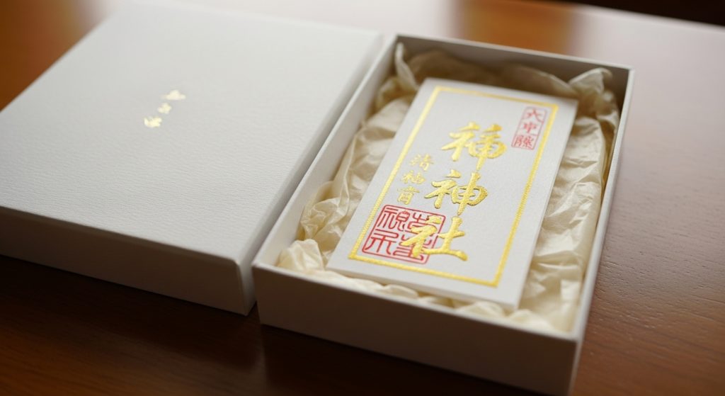 清潔なテーブルの上に置かれた、開封されたばかりの月花殿の専用箱と、中から現れる美しい護符