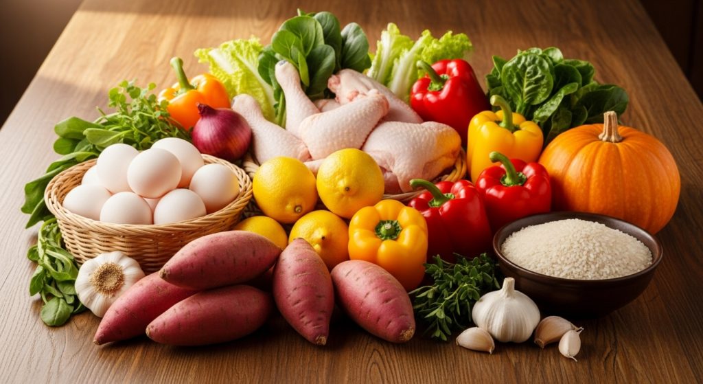 木のテーブルの上に、色とりどりの金運アップ食材（卵、鶏肉、レモン、パプリカ、かぼちゃ、さつまいも、お米など）が美しく並べられている様子。明るく、豊かさを感じるような雰囲気の写真。