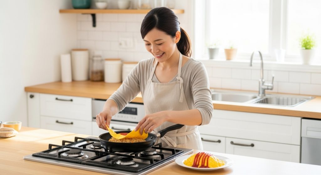 綺麗に片付いた明るいキッチンで、楽しそうにオムライス（卵＝金運食材）を作っている日本人女性。幸せそうな笑顔で、ポジティブなエネルギーが伝わってくるような写真