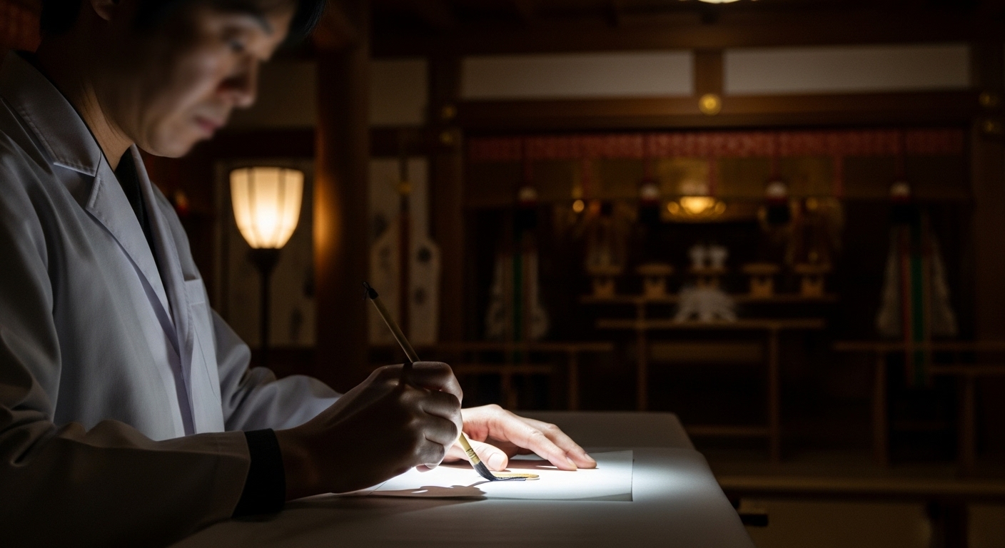 神社の拝殿のような厳かな場所で、白衣を着た専門家（日本人、顔ははっきり見えない）が筆を手に護符を制作している。手元にだけ光が当たっており、非常に神聖でパワーが宿っていくような雰囲気