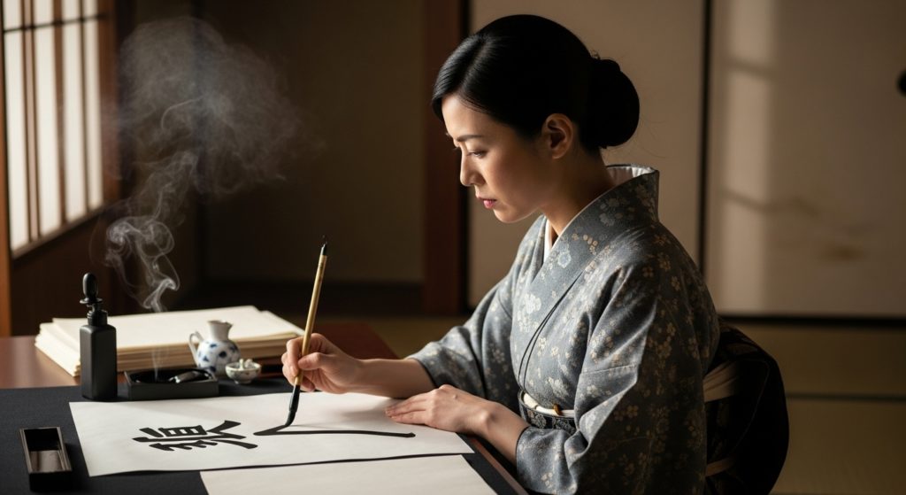 机の上で、和紙と筆ペンを使って真剣な表情で何かを書こうとしている日本人女性の手元。温かみのある、少し神聖な雰囲気