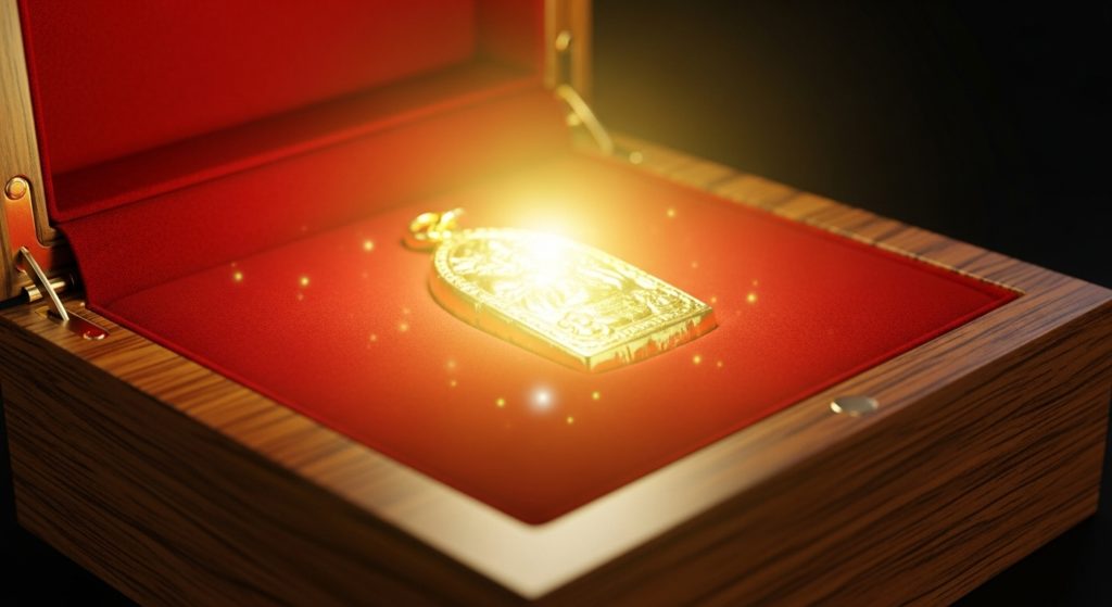 高級感のある桐箱に納められた金色の護符。神々しい光が差し込み、そのパワーが伝わってくるようなイメージ。護符のデザインはぼかして、全体の雰囲気で「本物感」を演出