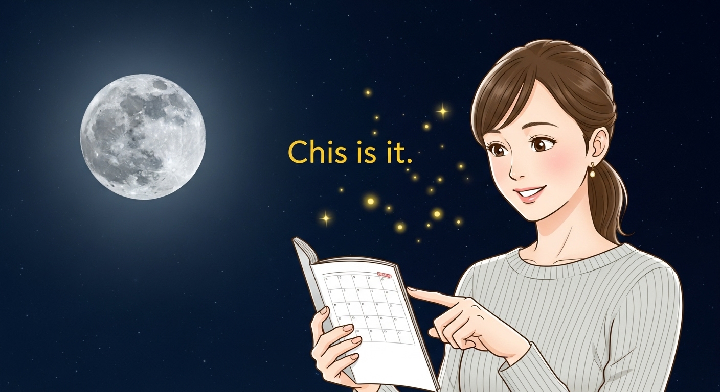 夜空に輝く美しい満月と新月のコントラストを背景に、30代くらいの日本人女性が手帳やスマートフォンのカレンダーを見ながら、「ここだ！」と大事な日を見つけて指差している様子。表情は希望に満ち、チャンスを掴んだ喜びを表現。周囲には金色の光の粒子が舞い、金運の高まりを暗示させる