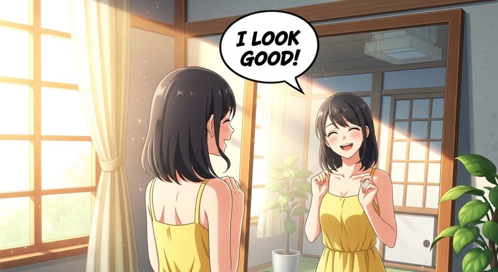 明るい日差しが差し込む部屋で、楽しそうに鏡の自分に微笑みかけている日本人女性のイラスト。ふきだしで「私、イイ感じ!」と入っているような、ポップで親しみやすい雰囲気。