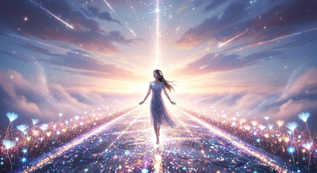 キラキラと輝く光の道が未来に向かって伸びていて、その道を希望に満ちた表情で歩き始める日本人女性の後ろ姿のイメージ。ファンタジックで美しい雰囲気