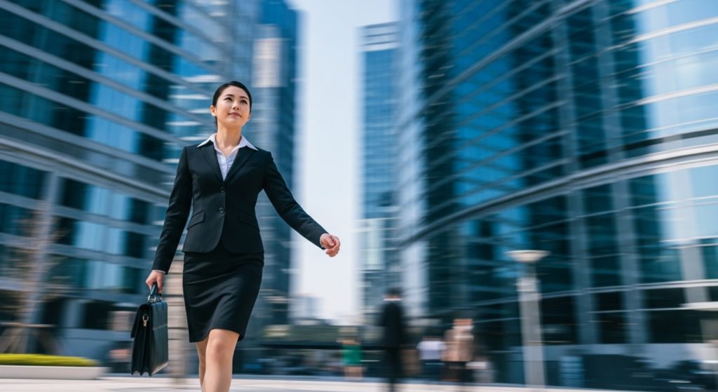 自信に満ちた表情で颯爽と歩く日本人ビジネスパーソン