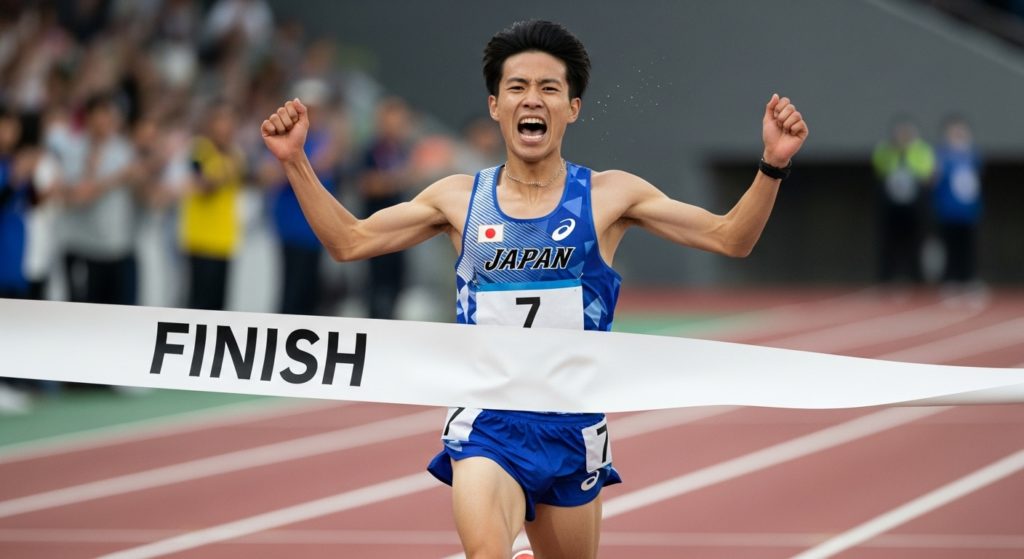 ゴールテープを切り達成感に満ちたランナー