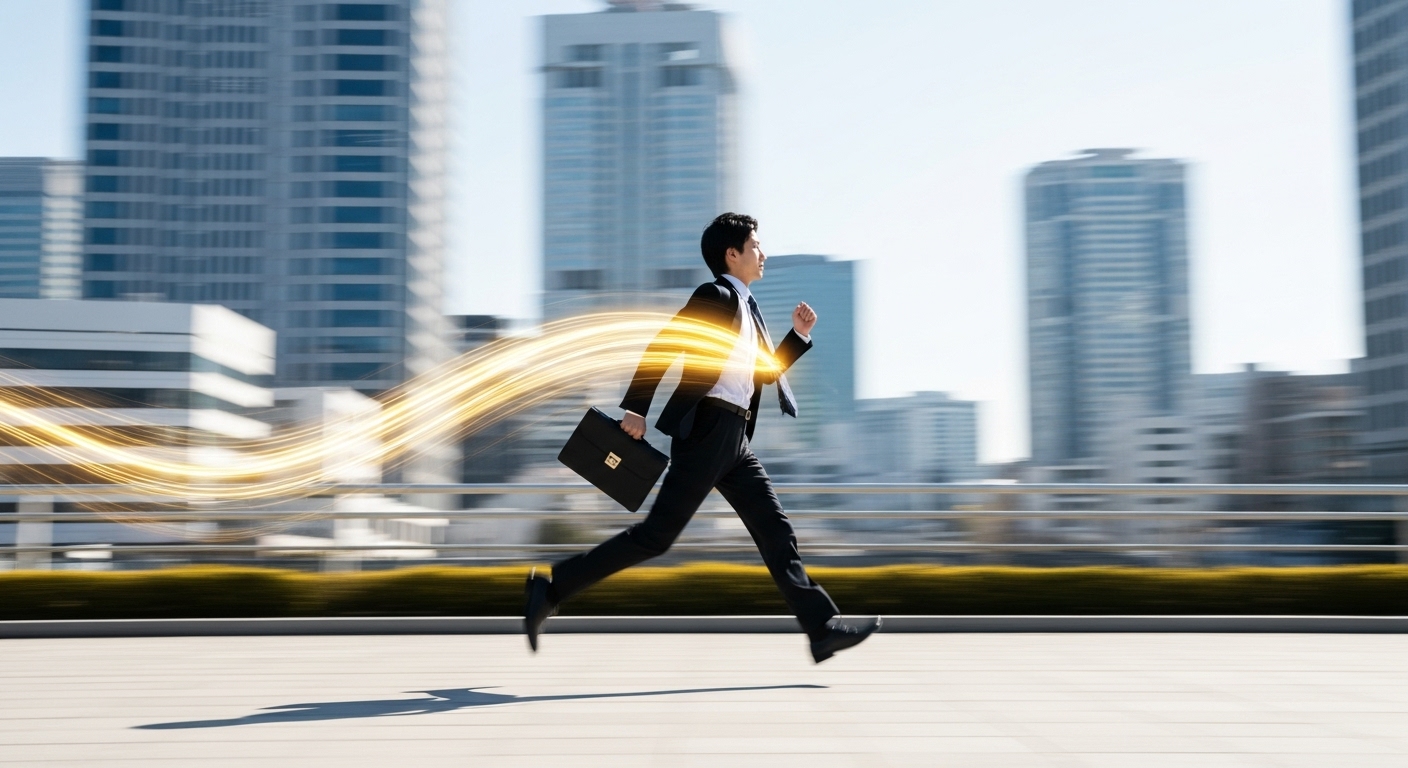 スピード感を持って行動し、チャンスと金運を引き寄せる自信に満ちた日本人ビジネスパーソン