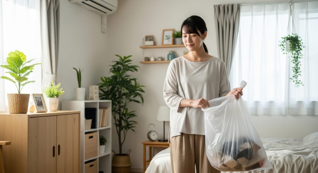 部屋の不要なものを捨ててスッキリした表情の日本人女性