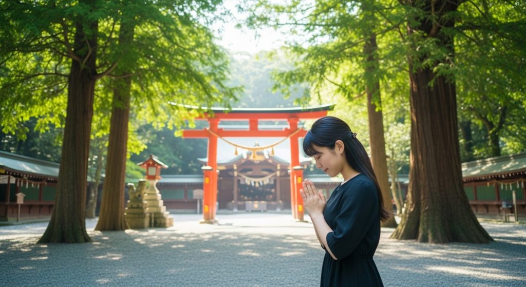 神聖な場所で祈る日本人女性と清らかな空気