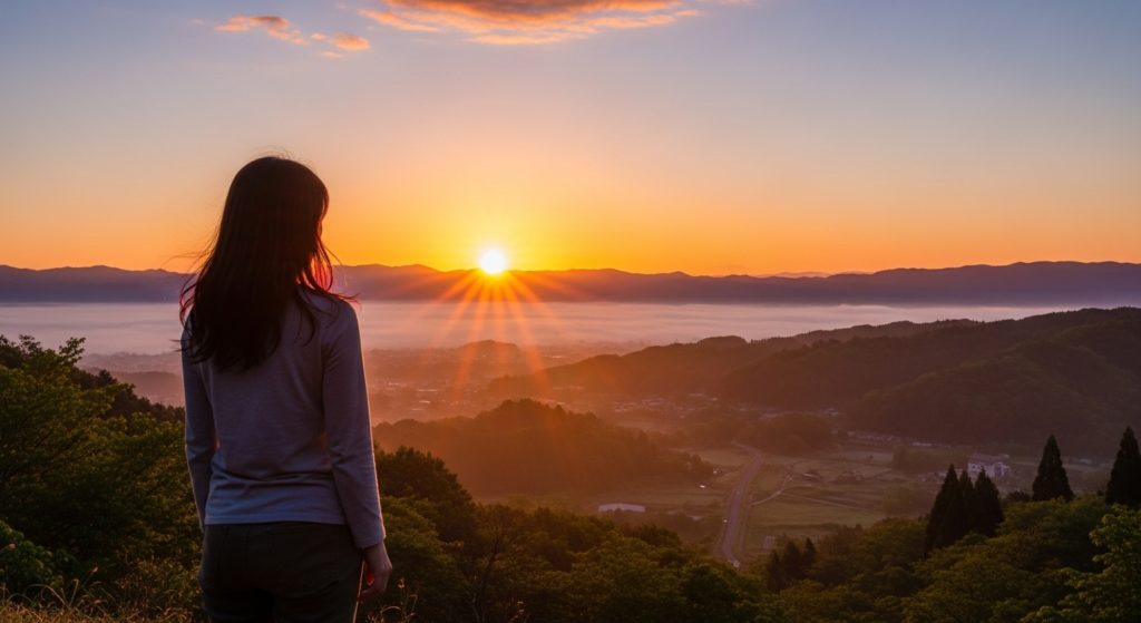 朝日を見つめ未来への希望を抱く日本人女性