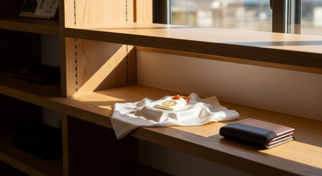 清潔な和モダンな棚の上に、白い布が敷かれ、そこに大切に置かれた護符とお財布の静謐なイメージ