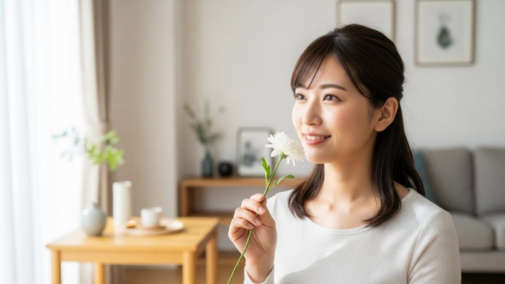 優しい光の中で微笑む日本人女性。手には白い花を持ち、穏やかな表情で未来を見つめている。背景は明るく清潔感のあるリビング