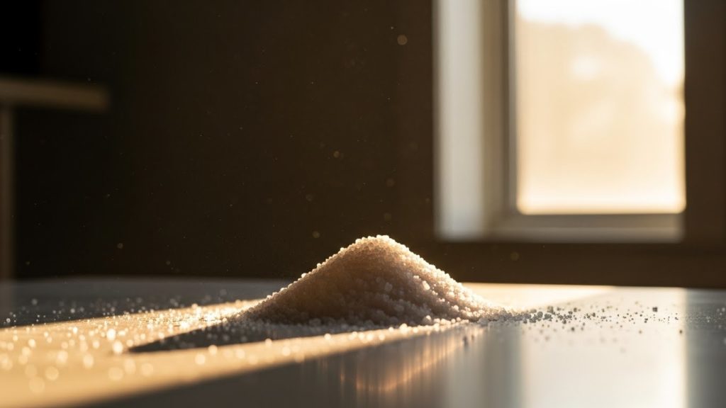 清潔な空間に置かれた小さな盛り塩と、窓から差し込む美しい光。浄化と神聖な雰囲気を表現。