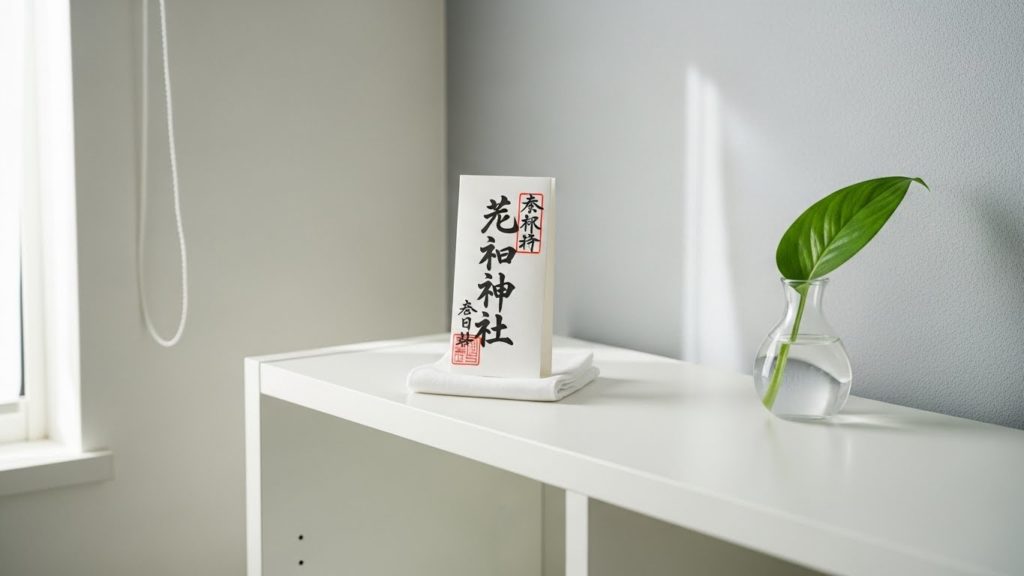 白い棚の上に清潔な布を敷き、丁寧に祀られた護符と小さな植物