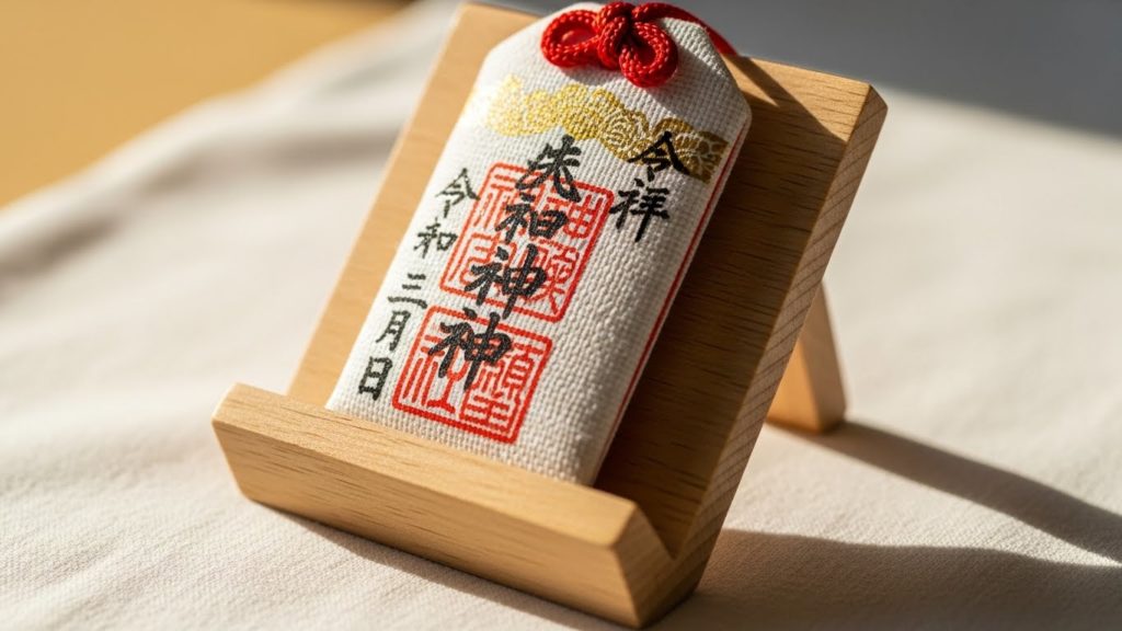 白い布の上に置かれた簡易的なお札立てと護符