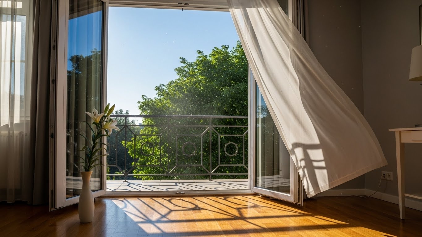 ベランダから新鮮な空気が入り込む明るい部屋