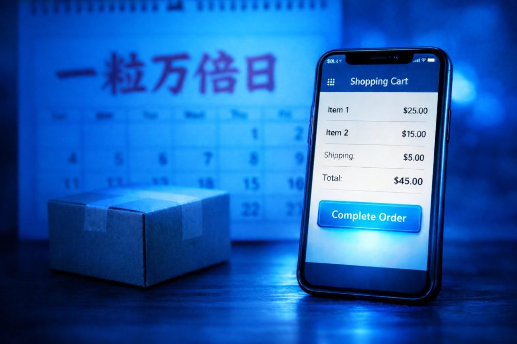 スマホの注文画面とカレンダー、届いた荷物