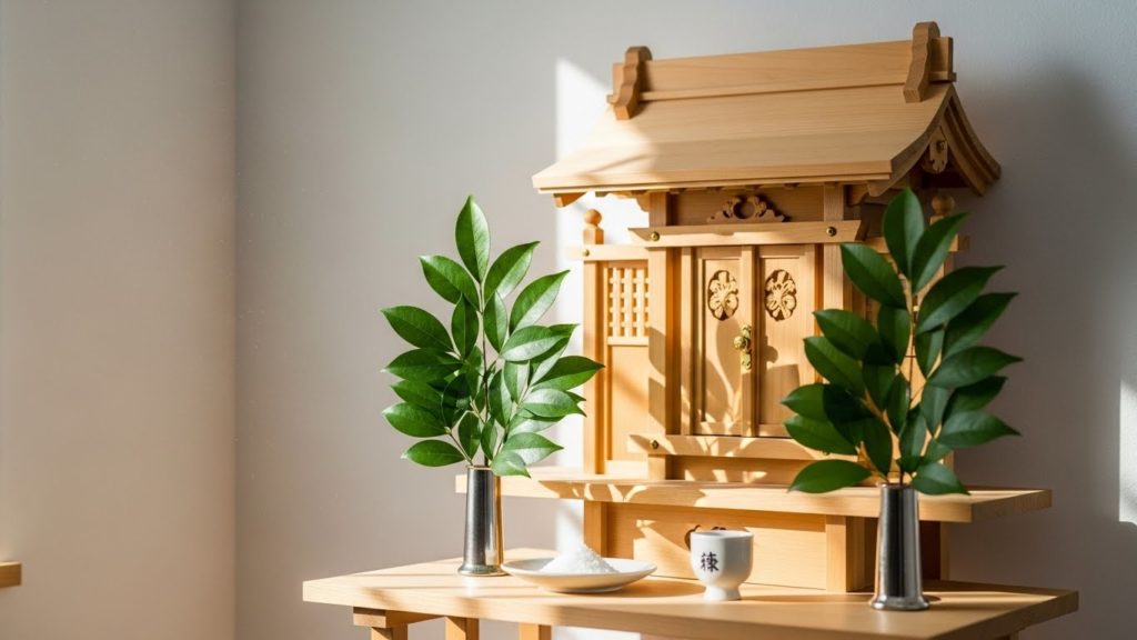 日差しが差し込む清潔な神棚と榊