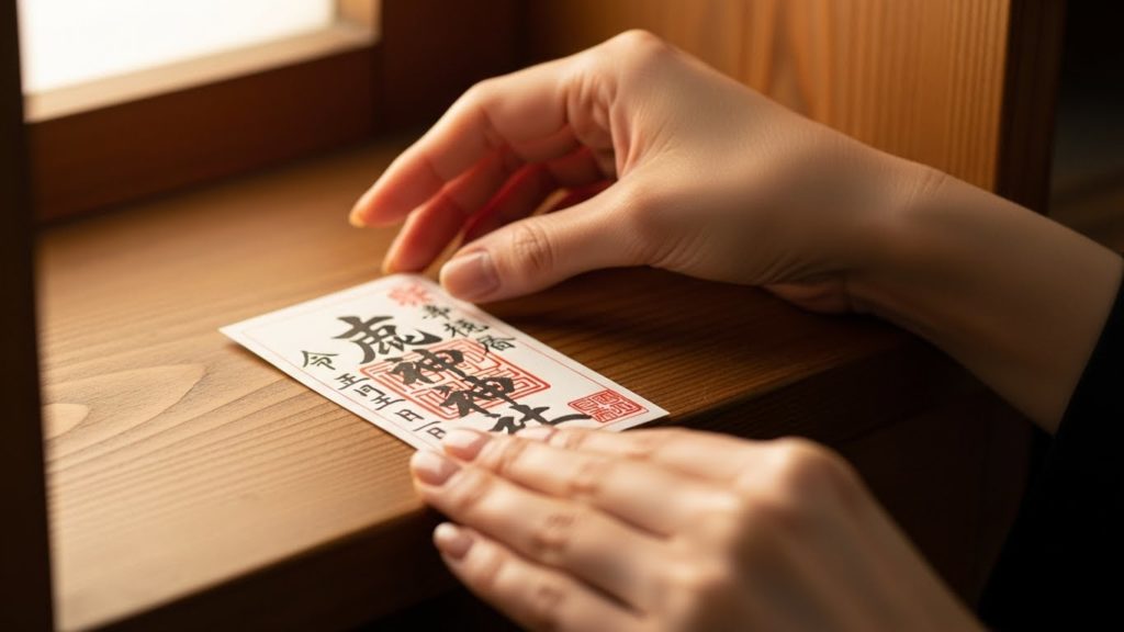 神棚に新しい護符を丁寧に置く女性の手元