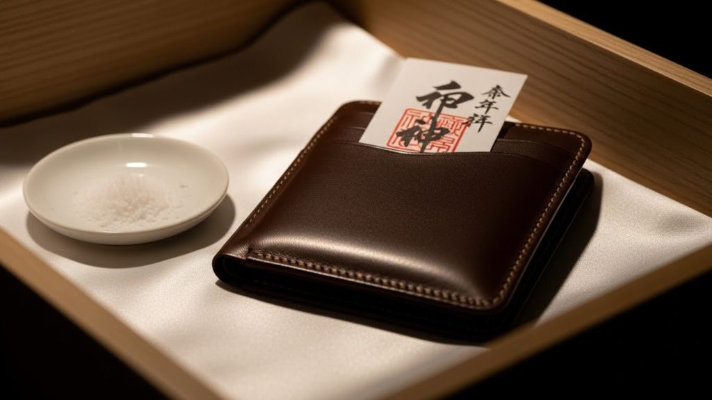 静かな引き出しの中で白い布の上に置かれた新しい財布と護符