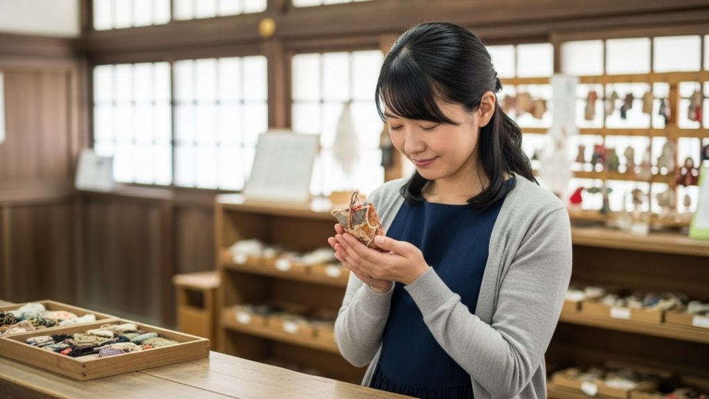 神社で古いお守りを感謝して返納する女性