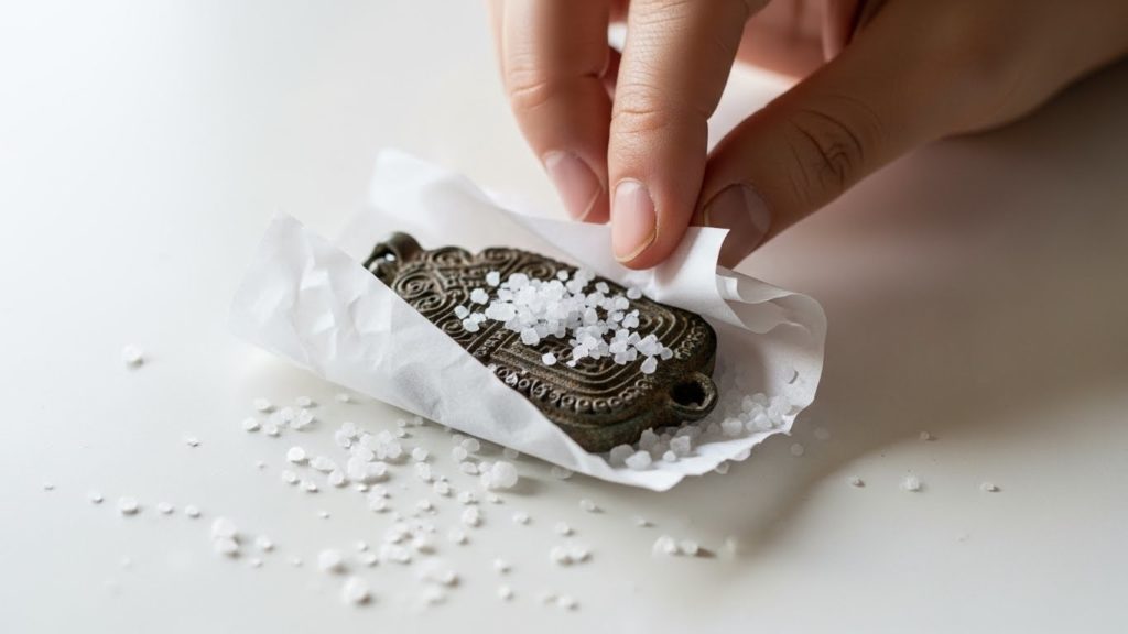 塩を使って古いお守りを清めている手元