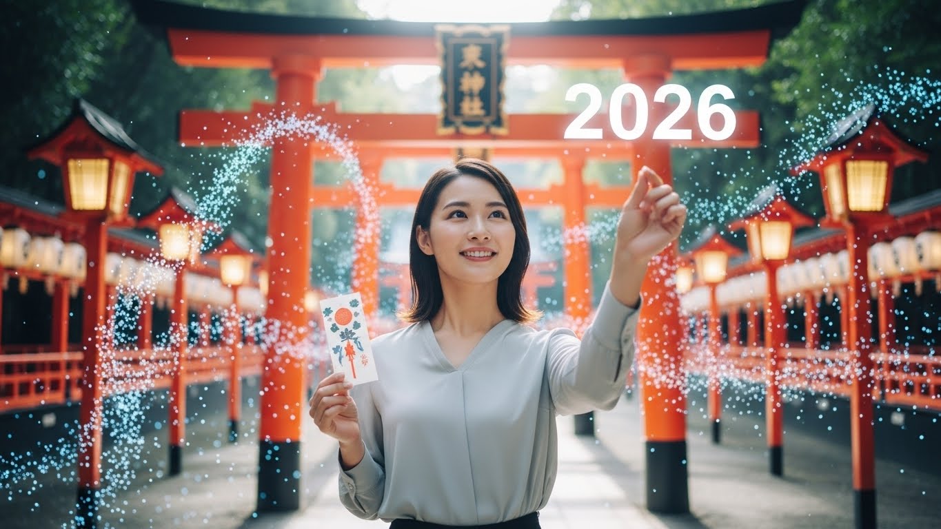 デジタルな光の粒子に包まれた空間で、新しい護符を手に持ち、自信に満ちた表情を見せる日本人女性