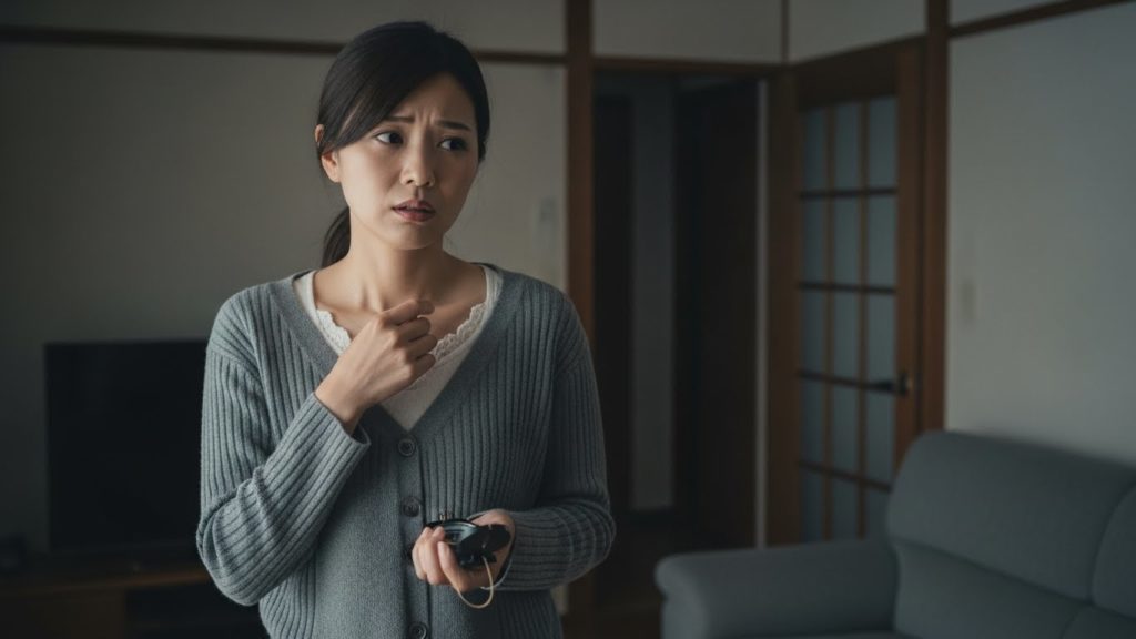 リビングで少し不安そうな表情を浮かべ、空間の気配を感じ取ろうとしている日本人女性