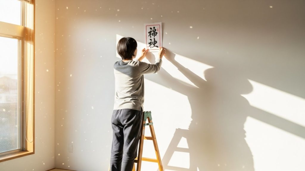 清められた壁の高い位置に、丁寧に護符を貼っている日本人女性の後ろ姿または横顔