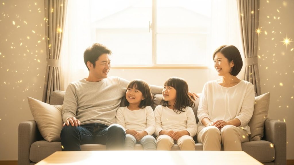 明るいリビングでくつろぐ笑顔の日本人家族と、窓から差し込む金色の光