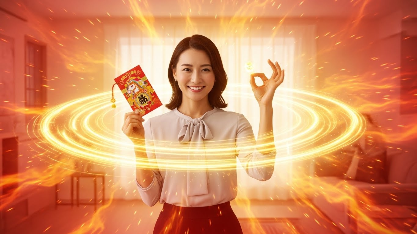 黄金の光と炎のような赤いオーラに包まれ、自信に満ちた笑顔で金運護符を持つ日本人女性