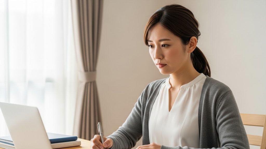 ノートパソコンや手帳を開き、真剣な眼差しで未来の計画を立てている日本人女性