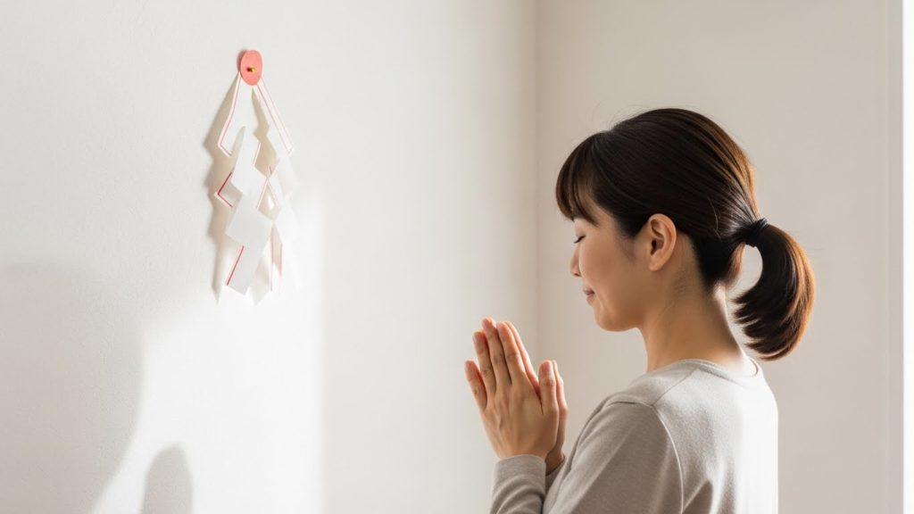 壁に貼られた護符の前で、清々しい朝の光を浴びながら手を合わせている日本人女性