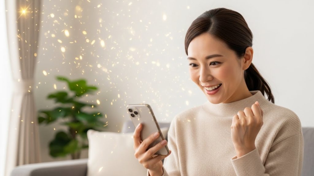 スマホの画面を見て驚きと喜びに満ちた表情を浮かべる日本人女性と、舞い上がる金色の光