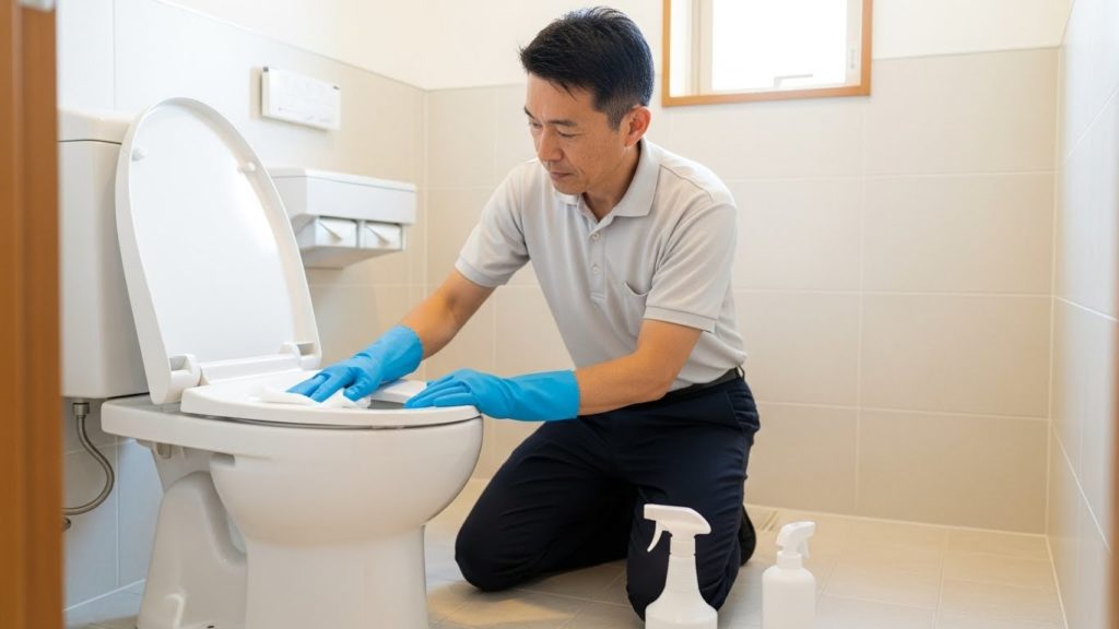 トイレの床を丁寧に拭き掃除する様子