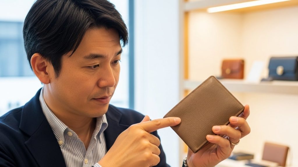 上質な本革の財布の手触りを確認する様子