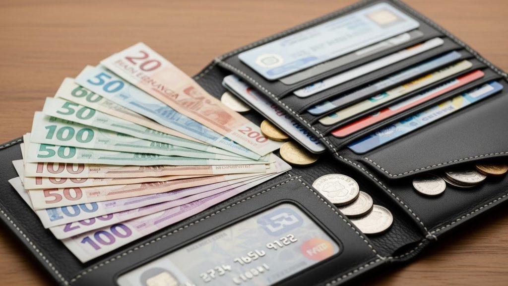 長財布にお札を揃えて収納し金運を整える様子