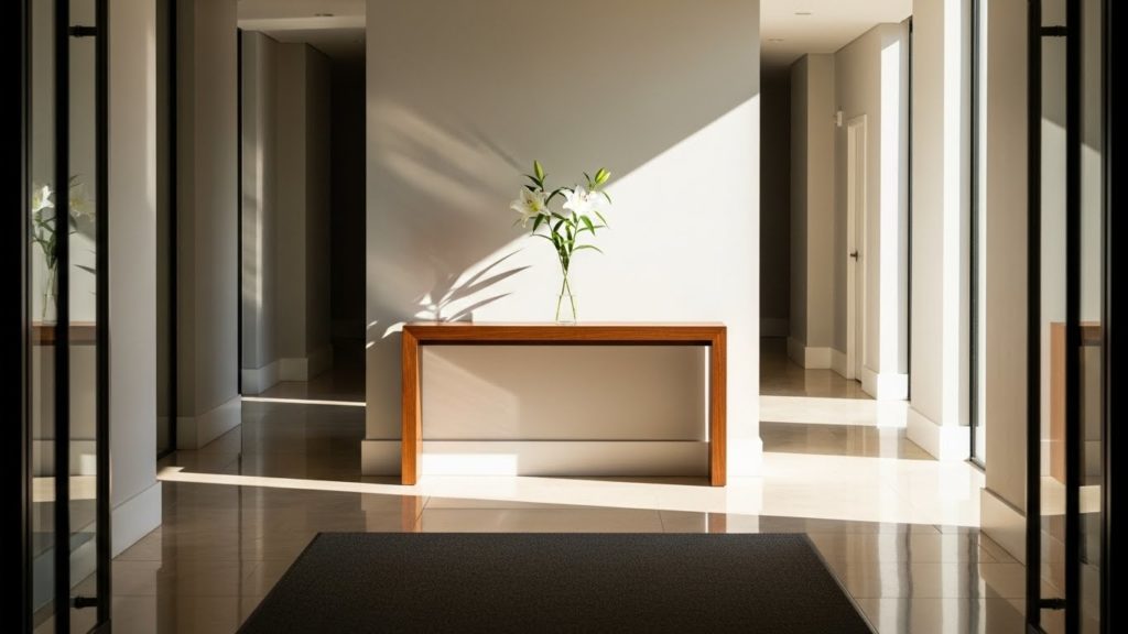 片付けられて生花が飾られた明るい玄関