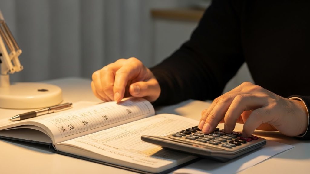 机の上で家計簿や電卓を前に、少し疲れた表情だが前を向こうとしている日本人の手元のアップ