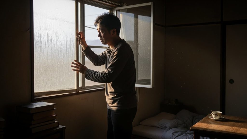 窓を開けて部屋の空気を入れ替える様子