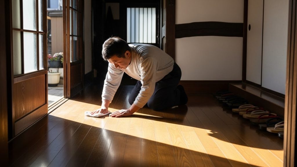 明るい玄関を丁寧に水拭きして清める様子