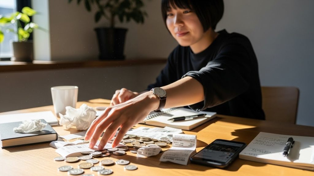 テーブルの上のレシートや小銭を整理しようとする様子