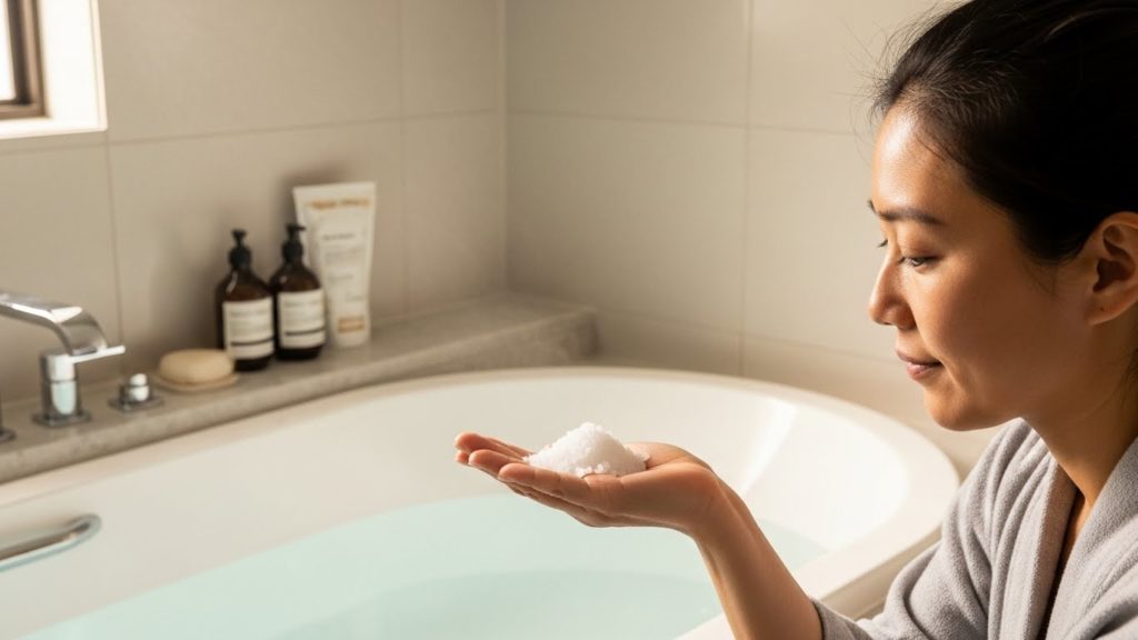 お風呂に塩を入れて浄化の準備をする様子