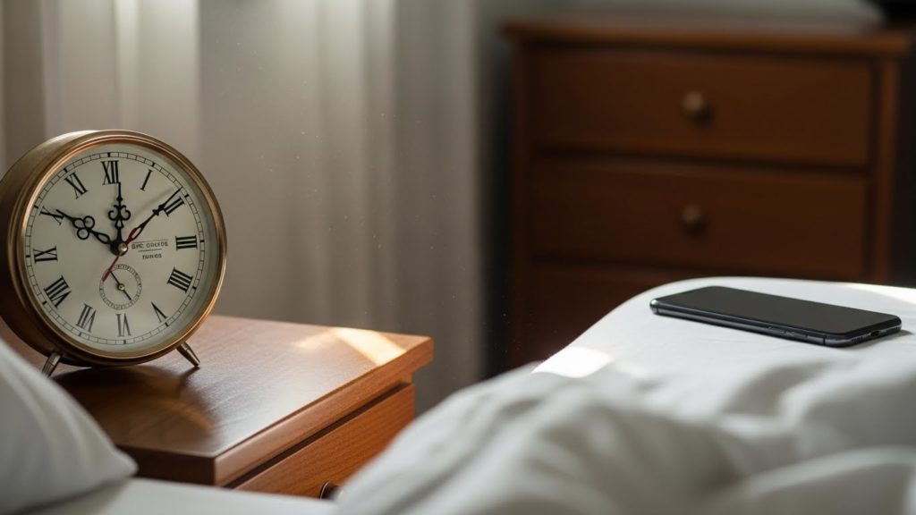 ベッドサイドに置かれたアナログ時計と、遠ざけられたスマートフォンのイメージ