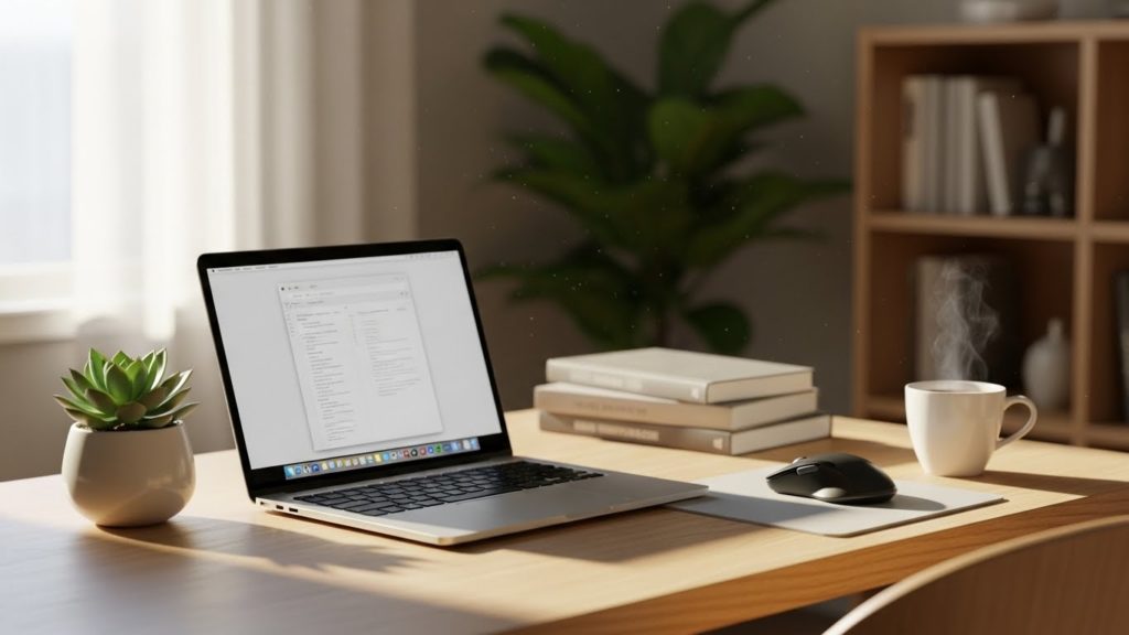 整頓されたデスクと柔らかな日差しの写真