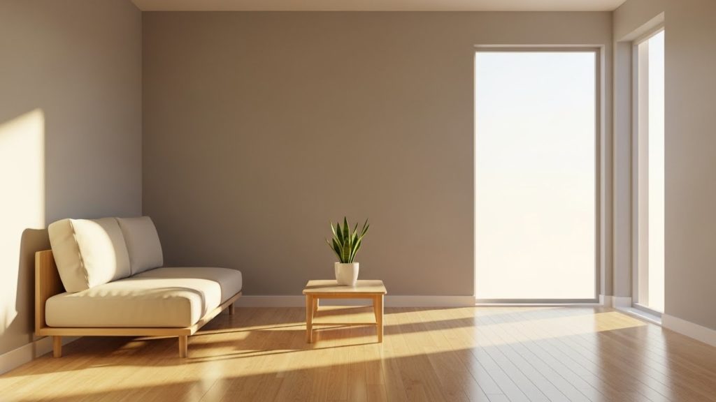 掃除が終わり、陽光が差し込む穏やかなリビングの風景