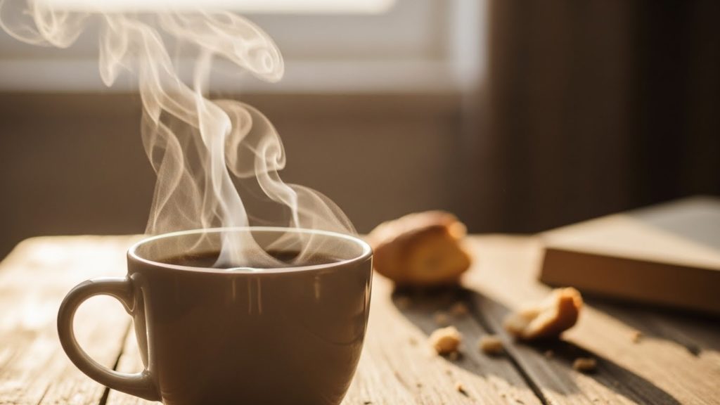 穏やかな朝の光の中で、白いカップに注がれた温かい飲み物から湯気が立っている様子。リラックスと安心感を表現。