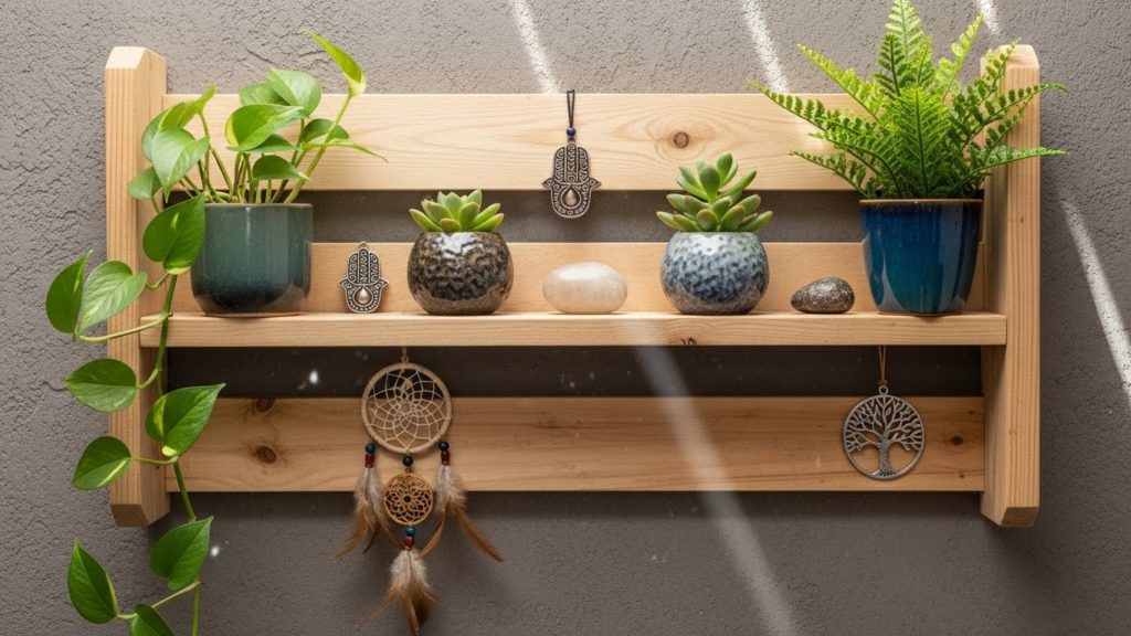 白い壁に取り付けられたシンプルな木製の飾り棚